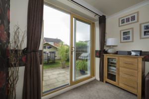 heritage patio sliding door with red curtains