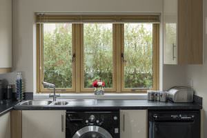 woodgrain flush windows in a kitchen
